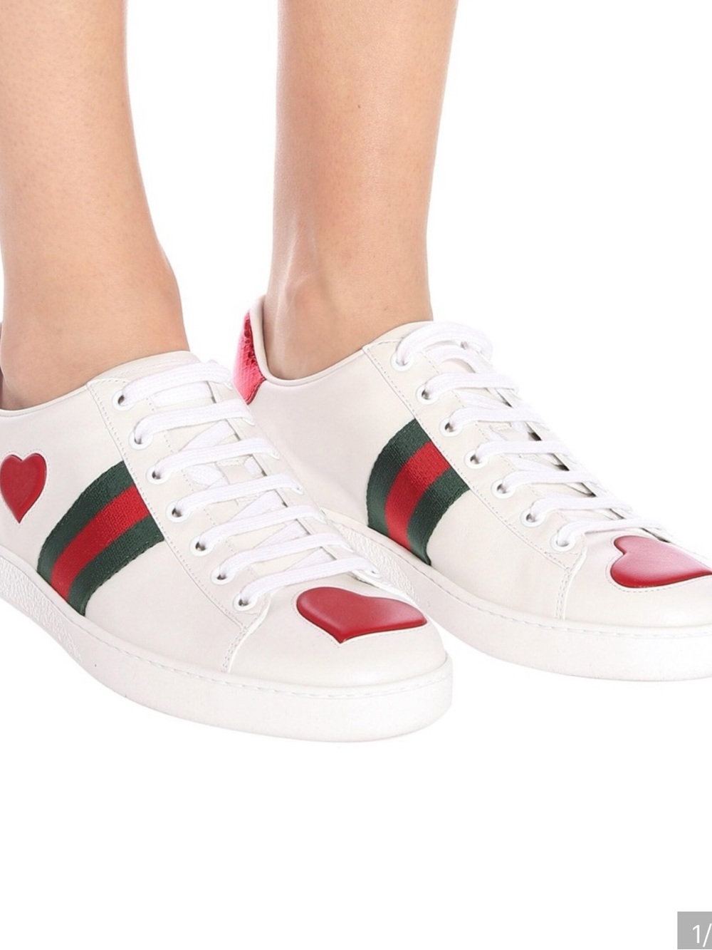 Gucci White Leather Sneakers with Red Heart & Green-Red Web Stripe